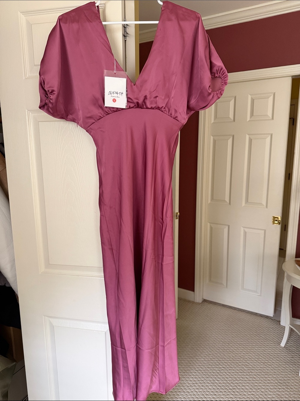 Elegant V-Neck Satin Maxi Dress in Rose